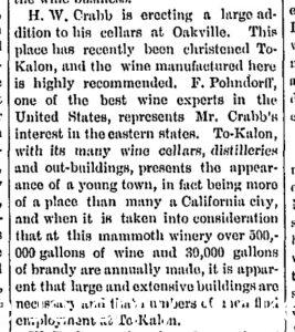 Newspaper article discussing H.W. Crabb erecting large additions to his cellars at Oakville