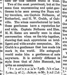 Newspaper article discussing H.W. Crabb and Captain Neibaum prominent men in Napa Valley