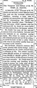 Newspaper article discussing the vineyard and cellars of H.W. Crabb at Oakville
