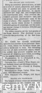 Newspaper article discussing the cellars, distillery, and agencies of H.W. Crabb
